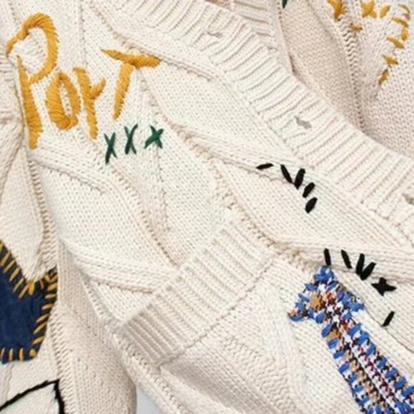 Patchwork Knit Embroidery College V-Neck Cardigan Button Up Sweater - Picture 2 of 4